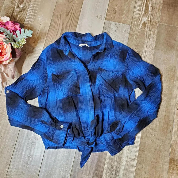 Sim & Sam Flannel Plaid Button Down Tie Front Top Size Medium - Picture 2 of 12